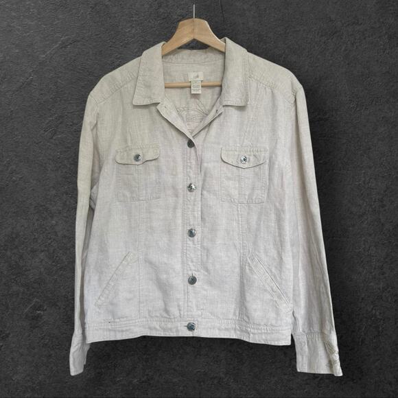 J. Jill Women's Linen Floral Embroidered trucker Jacket L Beige Cream Feminine - Picture 1 of 10